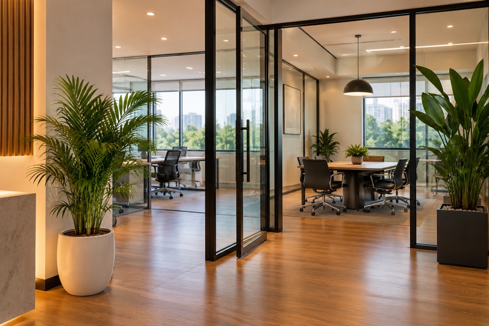 Illustrative modern office entrance with glass meeting rooms and green plants.