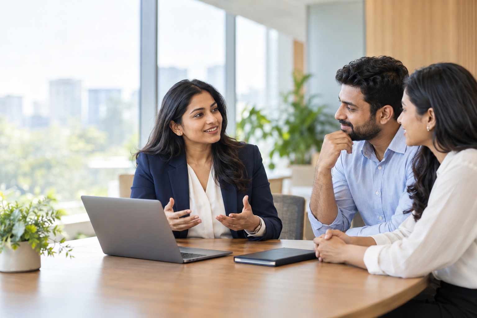 Colleagues collaborating around a laptop in a welcoming office