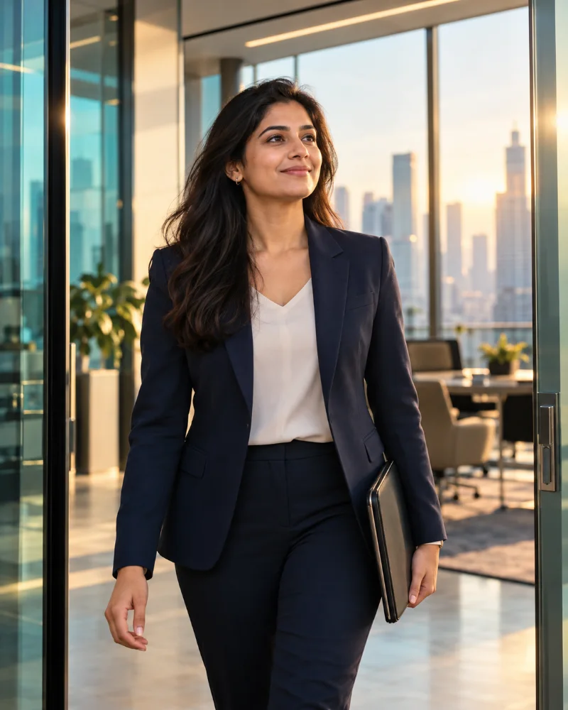A professional holding a portfolio and stepping into a sunlit office